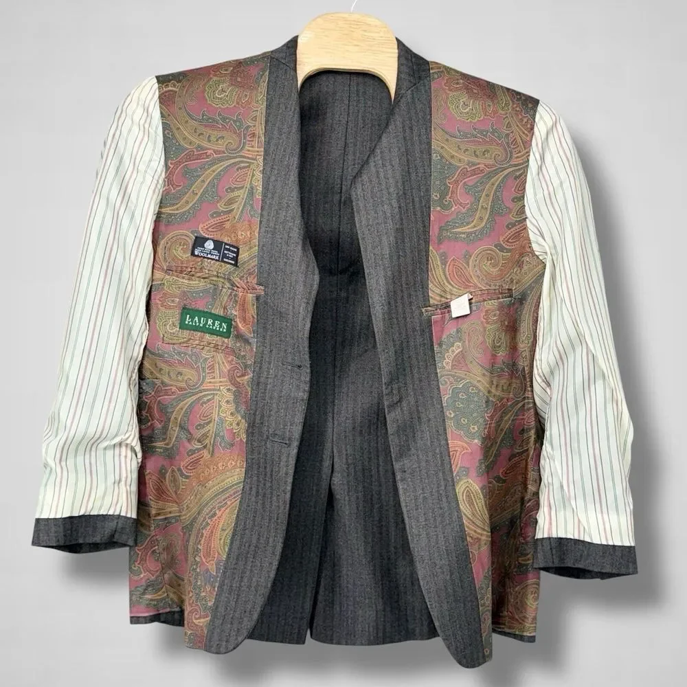 Lauren Ralph Lauren Woolmark Blazer Gray Pinstripes 40R Paisley Lined Union Made